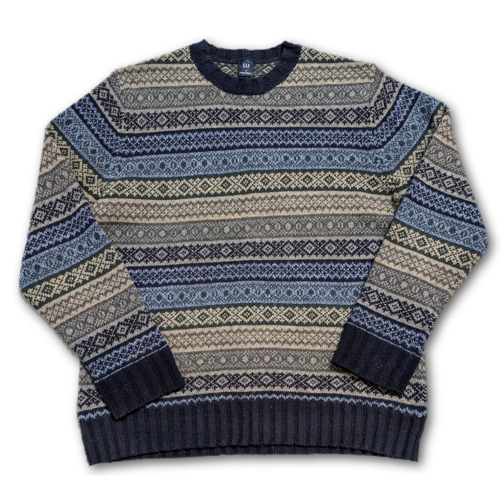 GAP Mens Sweater Multicolor M Fair Isle 100% Lambswool VTG Regular Casual